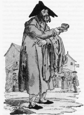 Jüdischer Trödler, handelt auf einem Markt mit alten Kleidern.