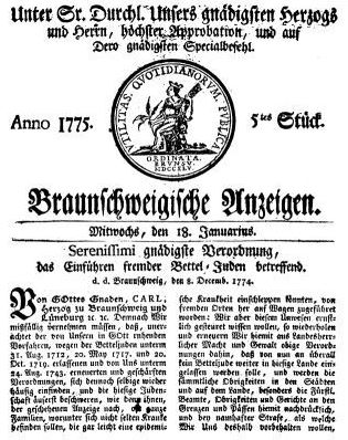 Verordnung gegen Betteljuden Braunschweig 1775