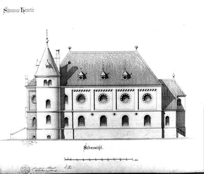 Entwurfszeichnung der Westfassade sowie der Sdseite